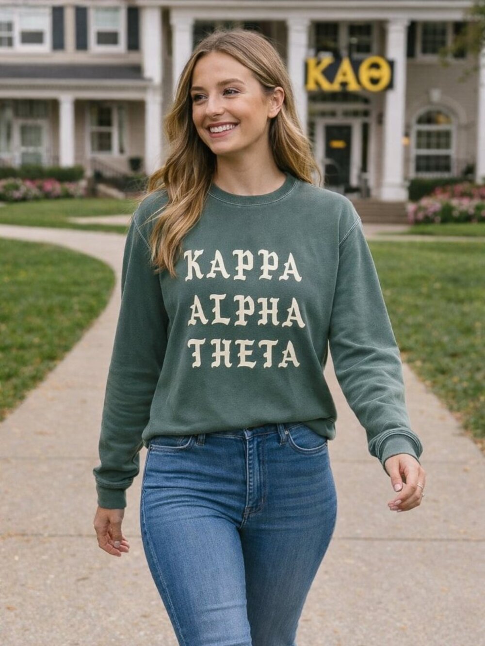 Kappa Alpha Theta Graphic Green Faded Sorority Preppy Biker Sweatshirt Women M